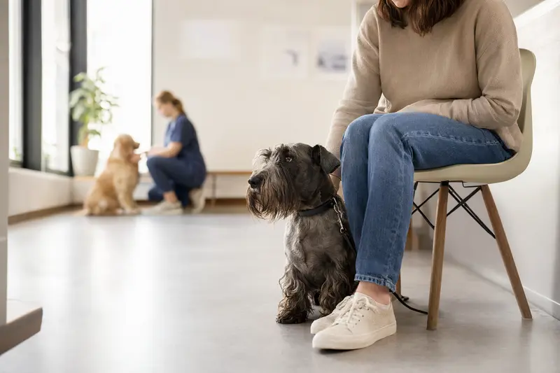 Ein Cesky Terrier sitzt ruhig neben seinem Besitzer im hellen Wartezimmer einer modernen Tierarztpraxis.